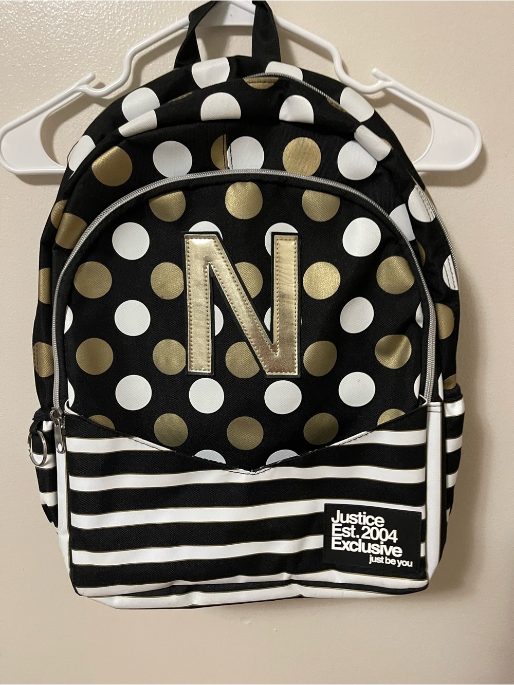 Justice Black, White & Gold Polka Dot Backpack with Initial N